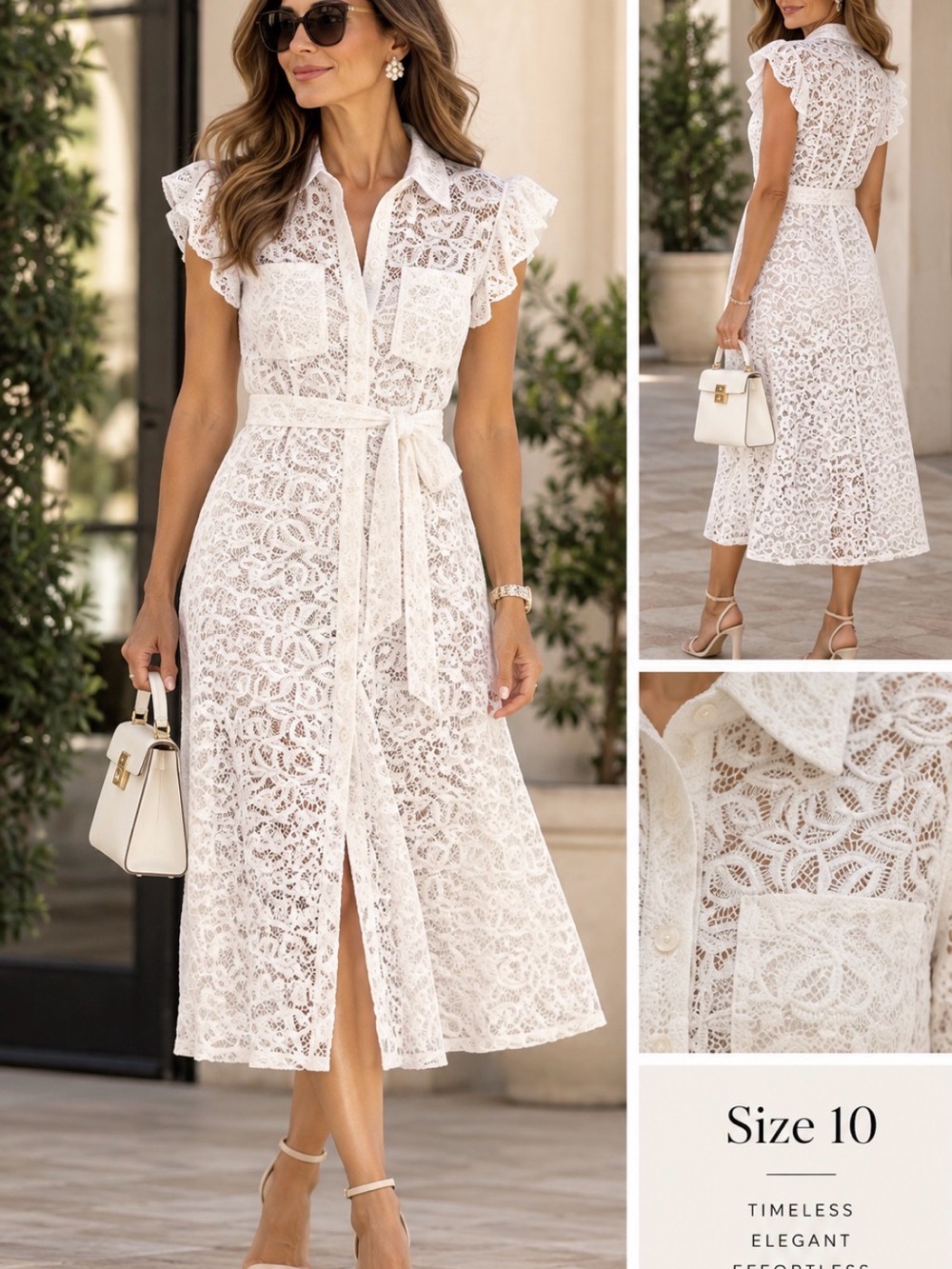 PINKO White Lace Midi Shirt Dress with Belt & Ruffle Sleeves – Size 10